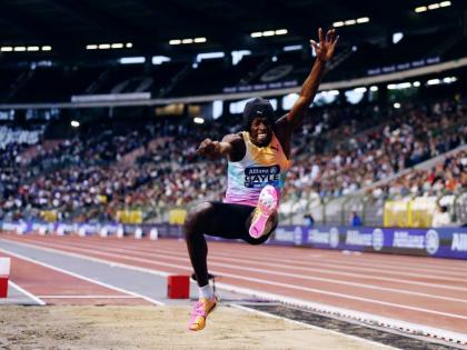 Jamaica’s Tajay Gayle in action in the men’s long jump in Brussels last Friday. Gayle won the event with a season’s best 8.46 metres.