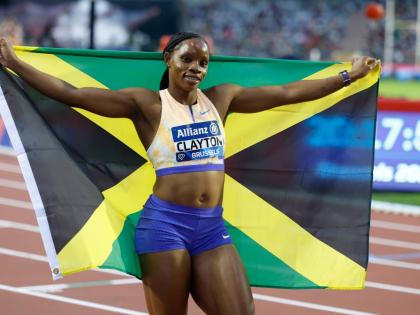Jamaica’s Tina Clayton celebrates winning the women’s 100 metres at the Diamond League athletics meeting in Brussels, Belgium on Saturday.