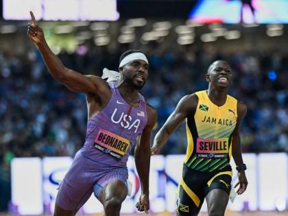 
Kenneth Bednarek, of the United States (left) beats Oblique Seville, of Jamaica to win the men’s 100-metre final at the World Athletics Ultimate Championship in Budapest, Hungary yesterday.
