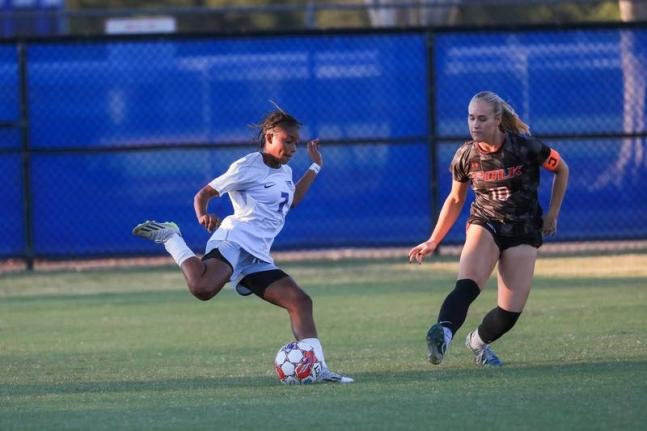 Daytona Stte College’s Shaneil Buckley (left) in action during a match against Polk State  College last season.