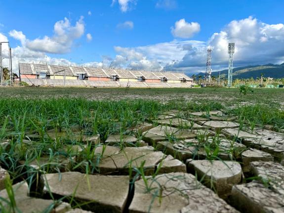 A section of the damaged football surface at Montego Bay Sports Complex.